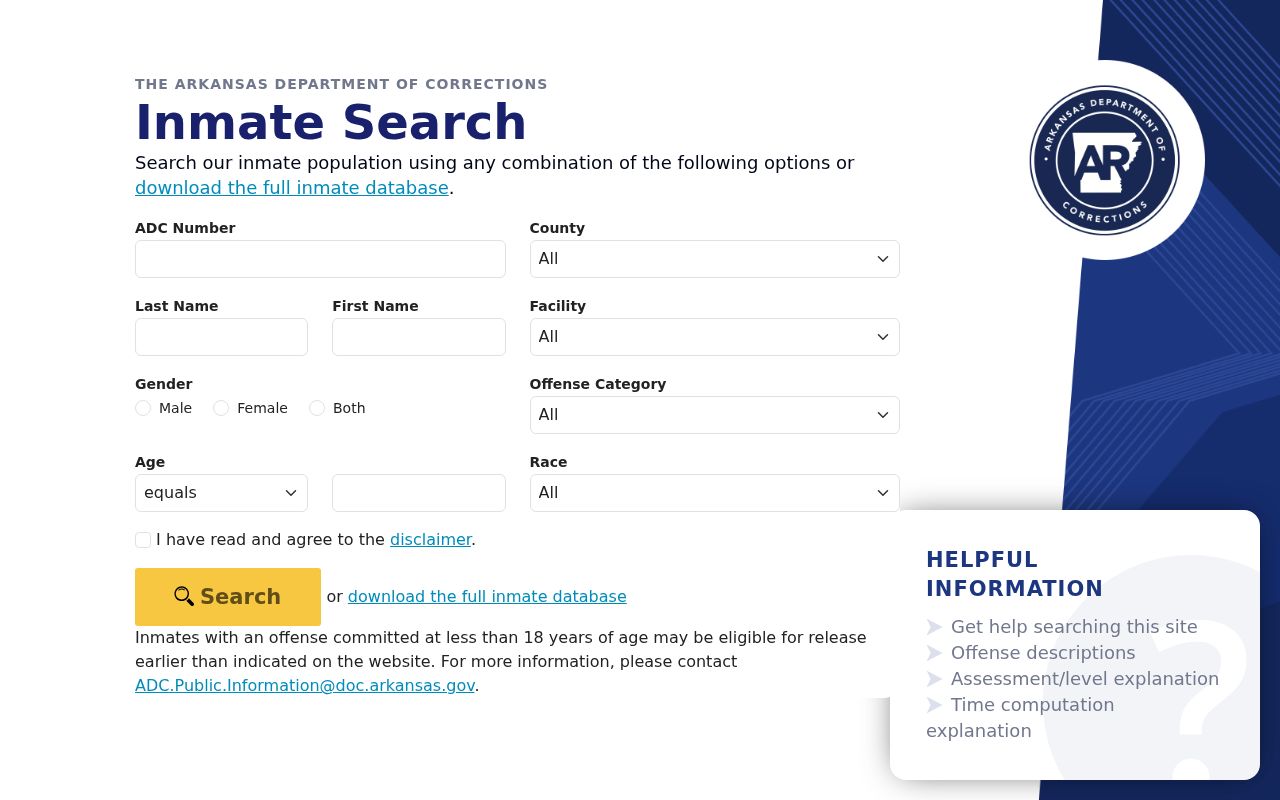 Wilmar criminal records Arkansas DOC inmate search page